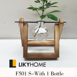 Hydroponic Glass Vase Planter Terrarium Wooden Stand - F503