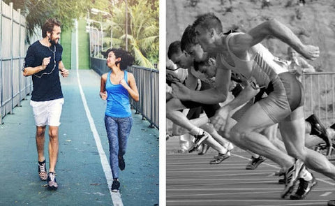 picture of men sprinting fast and two people strolling on a jog