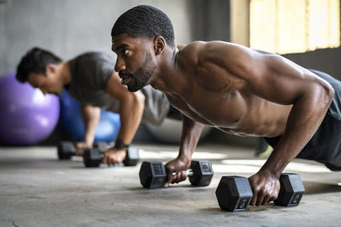 two men doing planks with weights in gym exercise