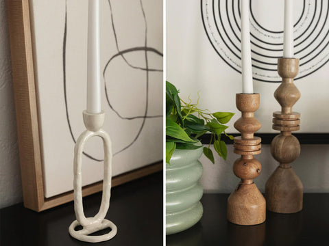 The Athena Candlestick Holder and the Colette Wooden Candle Holder in large and small styled side by side.