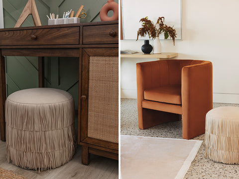 A taupe fringe ottoman being used as a chair as well as an ottoman and side table.