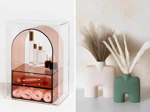 The Verona Acrylic Organizer and Willa Ceramic Vase side by side.