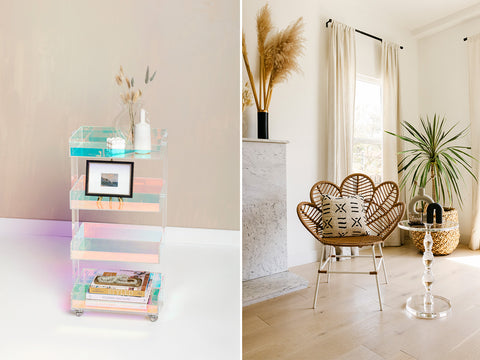 iridescent acrylic storage cart, modern boho living room