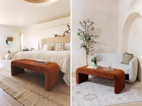 A terracotta velvet pleated bench used at the foot of a bed and as a coffee table.