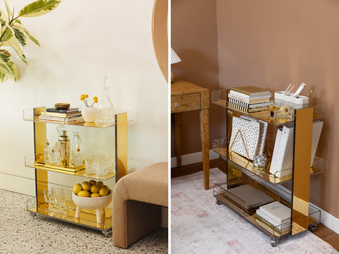 A golden acrylic cart used and styled as a bar cart and office organizer.