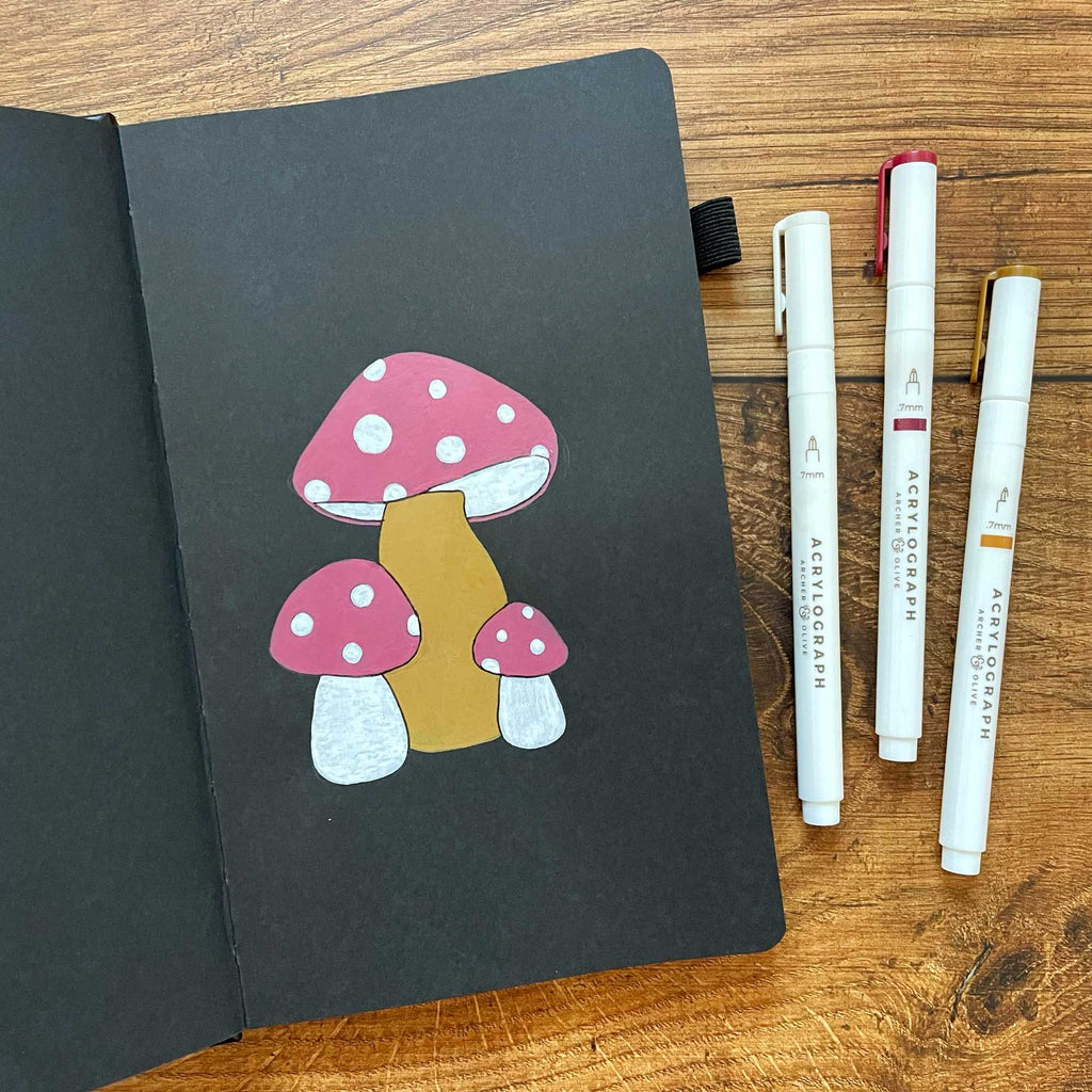 Acrylograph Mushrooms on Black Paper