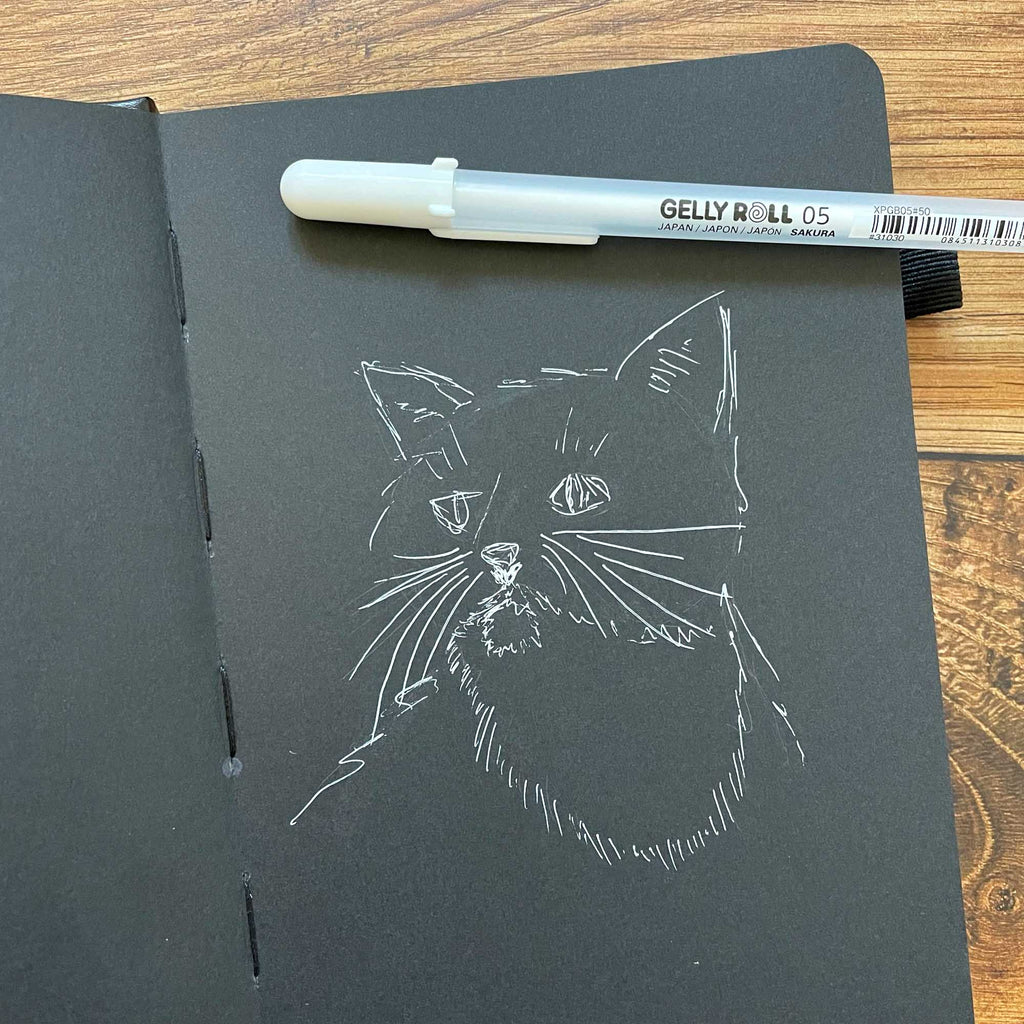 Luna Black and White Kitty Drawing - Gelly Roll on Black Paper