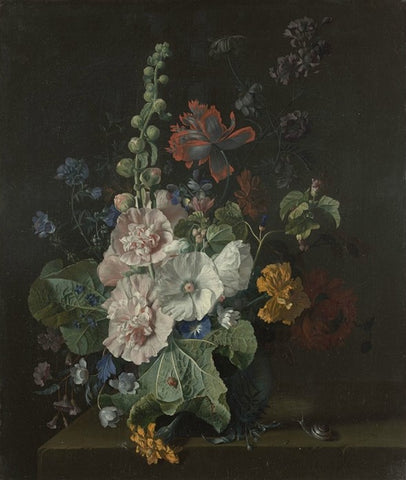 Jan van Huysum, Hollyhocks and Other Flowers in a Vase, 1702-20