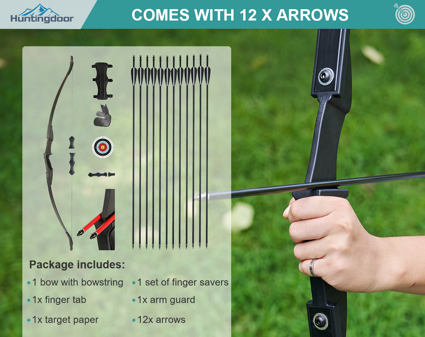 57 Ambidextrous Takedown Recurve Bow with 12x Carbon Arrows Finger Sa –
