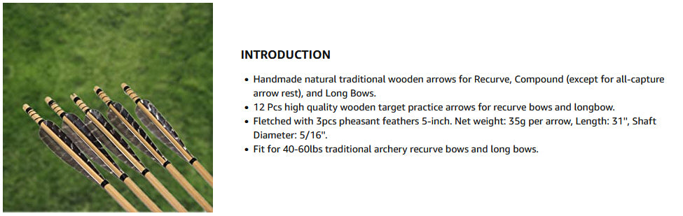 TTFLY FLETCHING 12PK 32 inch Traditional Wooden Arrows