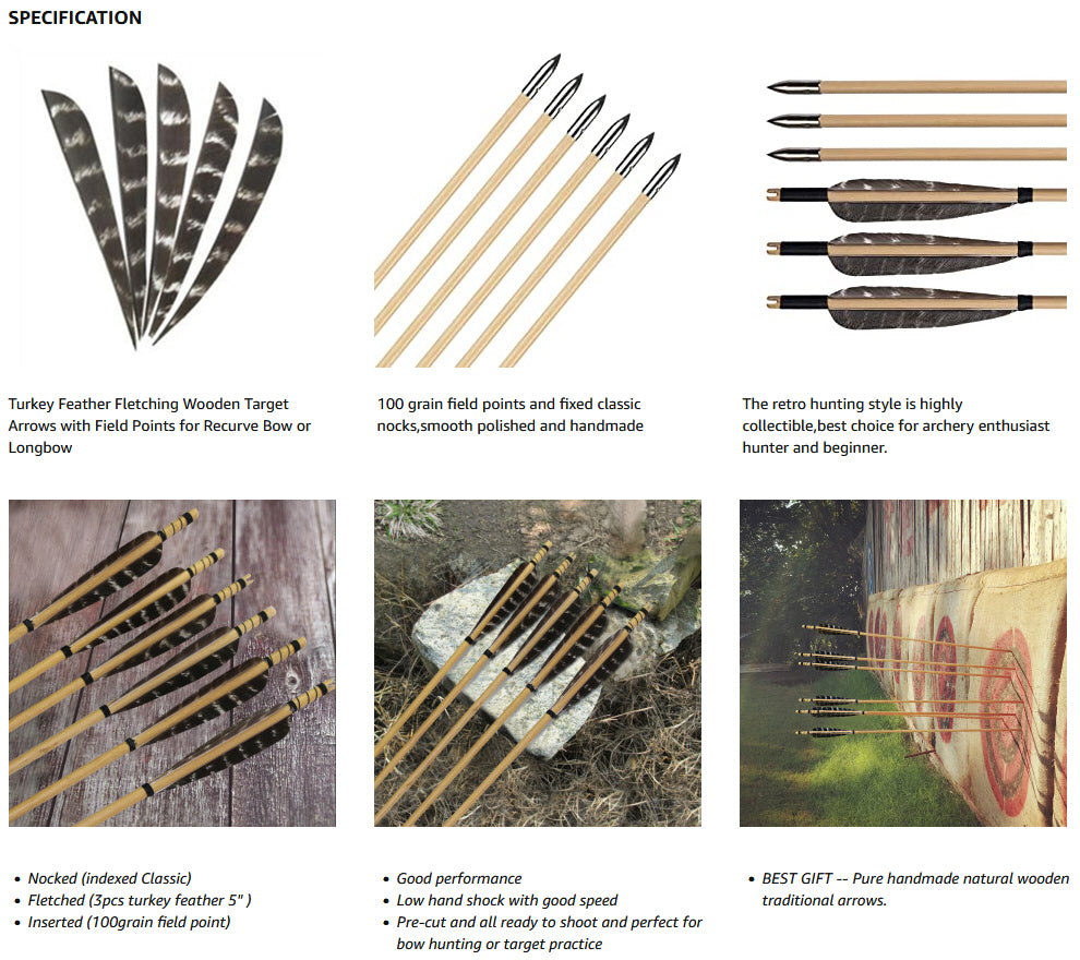 Traditional Wooden Arrows Natural Real Feather Archery 31.5 with Hunting  Arrowheads 6Pcs