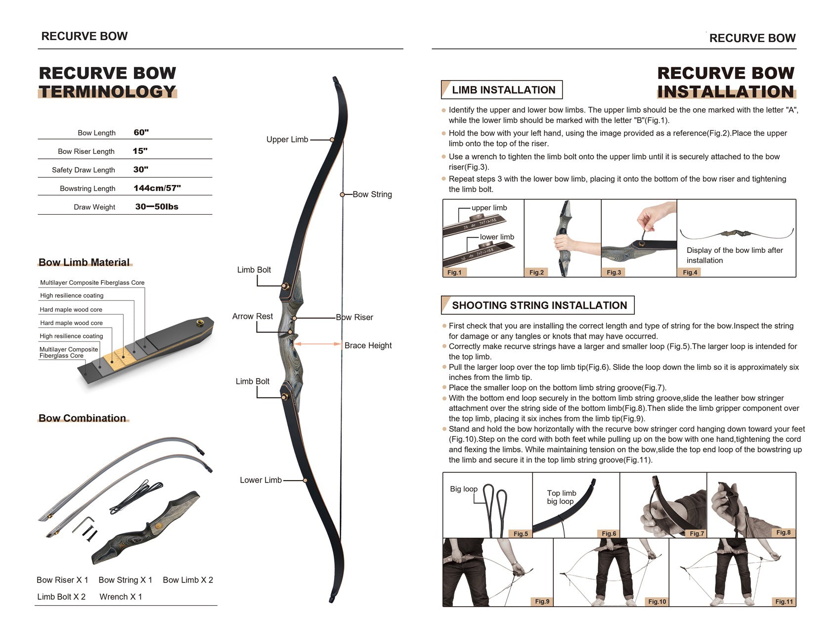 60 Archery 25-50lbs Takedown Recurve Bow Carbon Arrows Kit Wood Riser –