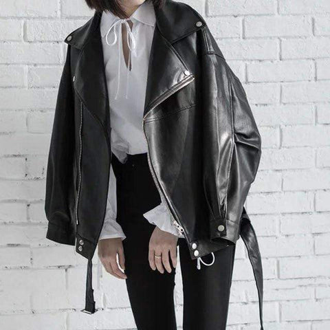 HIGH QUALITY SPRING BLACK PU LEATHER LOOSE TURN-DOWN WOMEN JACKET