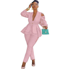 ADOGIRL ELEGANT LACE SPLICING WOMEN BUSINESS SUIT OFFICE LADY 2 PIECE SET UNIFORM