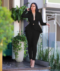 ADOGIRL TWO PIECE SET SOLID V NECK LONG SLEEVE BLAZER COAT PENCIL PANTS OFFICE LADY BUSINESS SUITS