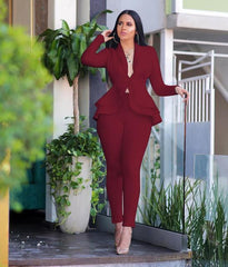 ADOGIRL TWO PIECE SET SOLID V NECK LONG SLEEVE BLAZER COAT PENCIL PANTS OFFICE LADY BUSINESS SUITS