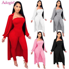 ADOGIRL WOMEN TWO PIECE SET FULL SLEEVE EXTRA LONG CARDIGAN COAT STRETCHY STRAPLESS JUMPSUIT FASHION SUITS