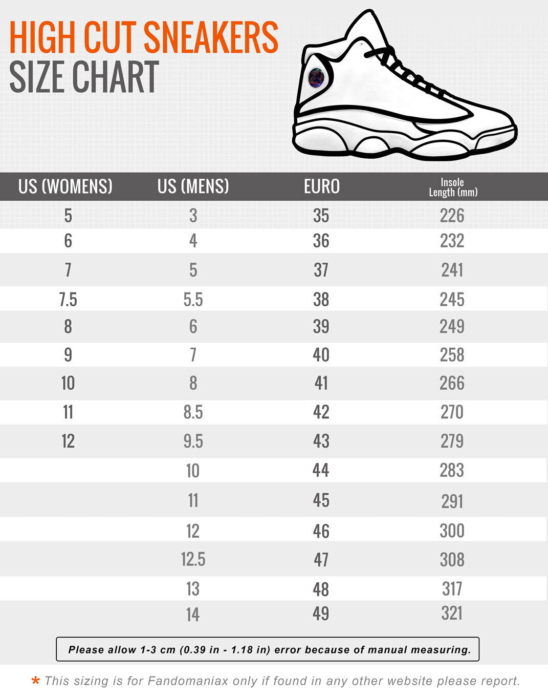 Sneakers size chart