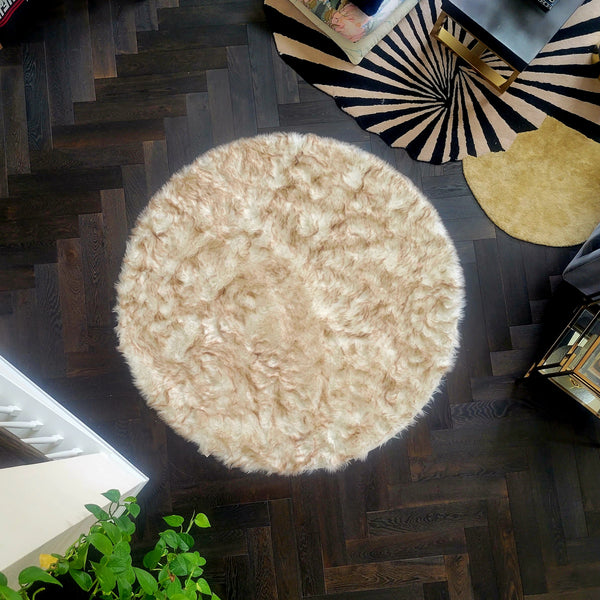 Brown Tipped White Round Artificial Wool Faux Fur Rug 6' x 6'