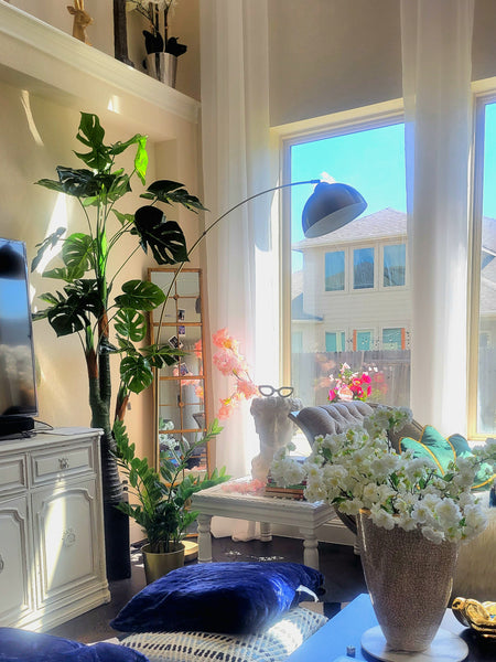 Eclectic Boho living room with monstera tree and david bust 