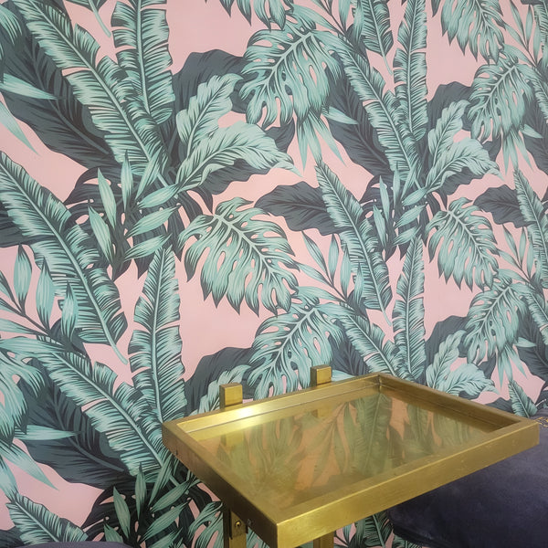 Large Green Tropical Monstera on Pink Wallpaper