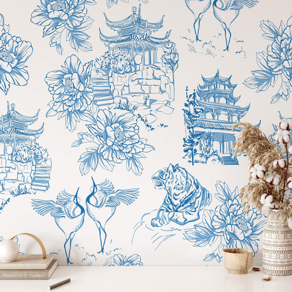 Blue and White Chinoiserie Tiger Pagoda Wallpaper
