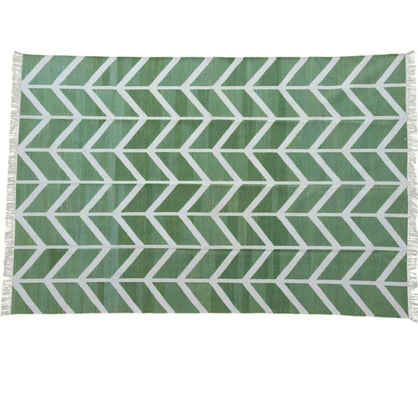 Chevron Organic Vegetable Dyed Indian Dhurrie Reversible Cotton Rug - Green