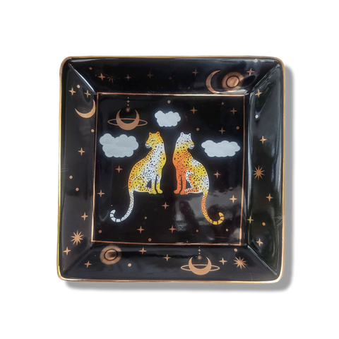 Gold Gilded Leopards in the Sky Square Porcelain Trinket Tray