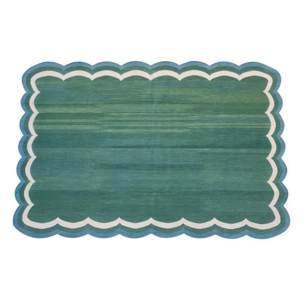 Handmade Reversible Cotton Scalloped Rug - Cream, Blue and Green