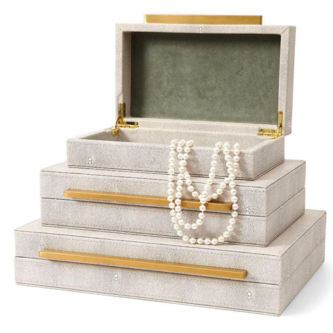 Ivory Faux Shagreen Leather Storage Boxes - Set of 3