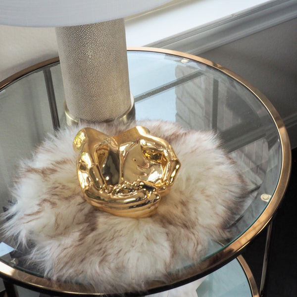 faux fur rug on a side table