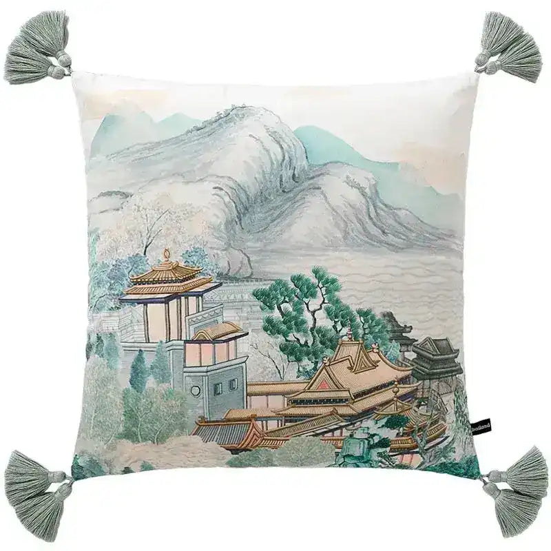 Oriental Pagoda Landscape Velvet Throw Pillow Cover with Tassels