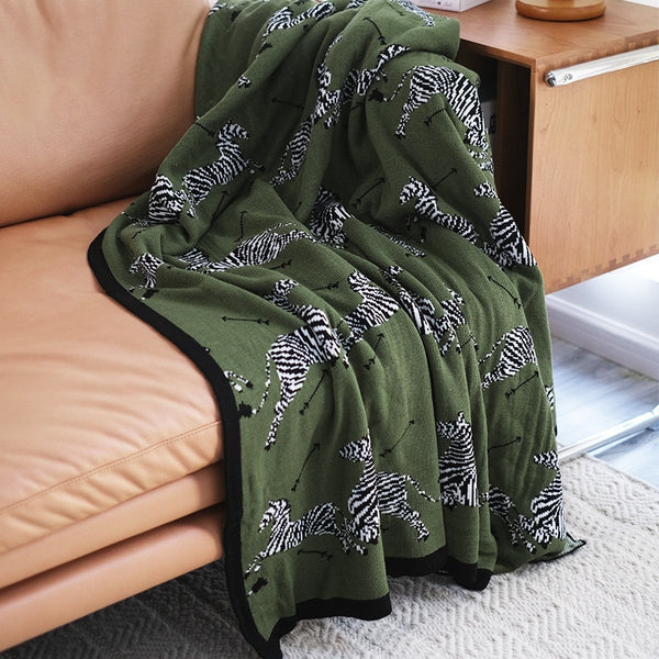 Dark Green Zebra Knitted Cotton Blanket with Black Fringes
