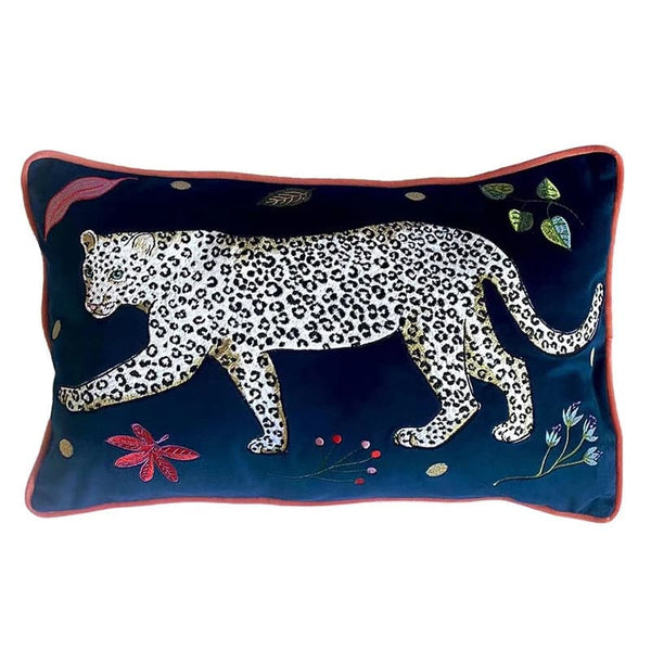 Walking Leopard Blue Jungle Accent Pillow Cover