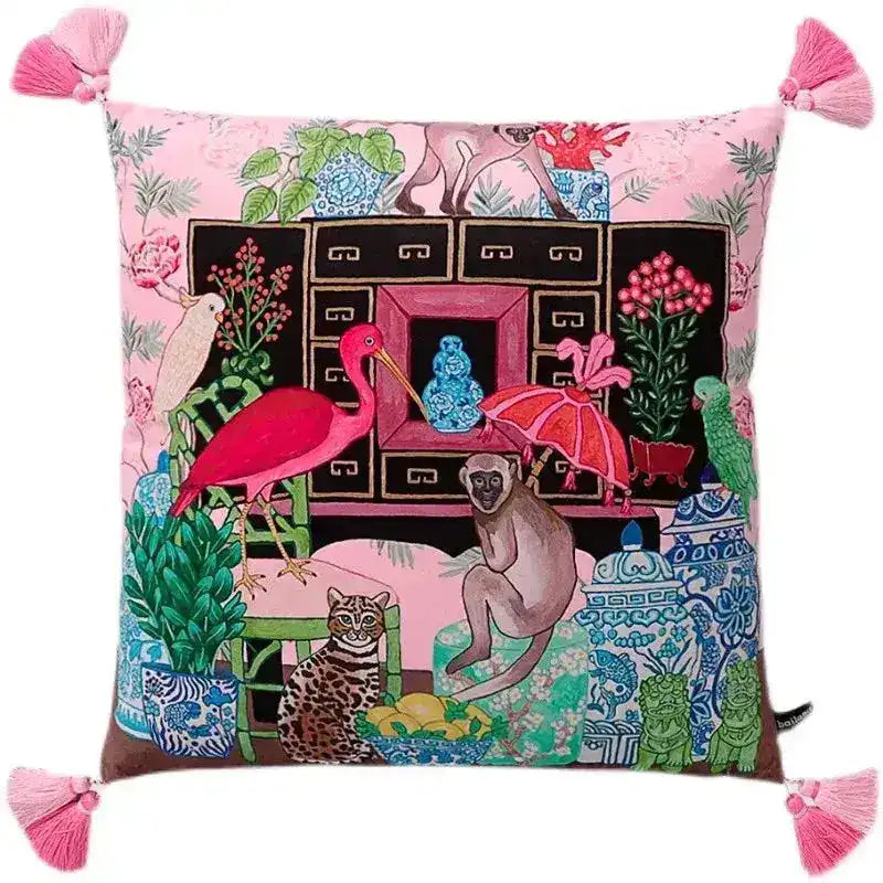 Chinoiserie Monkey and Bird Velvet Throw Pillow Cover with Tassel