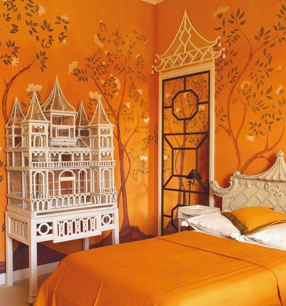 orange chinoiserie bed room