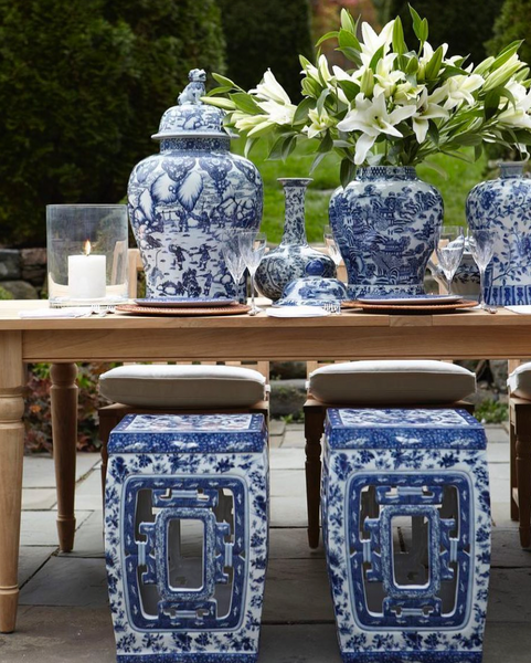 chinoiserie blue garden stool