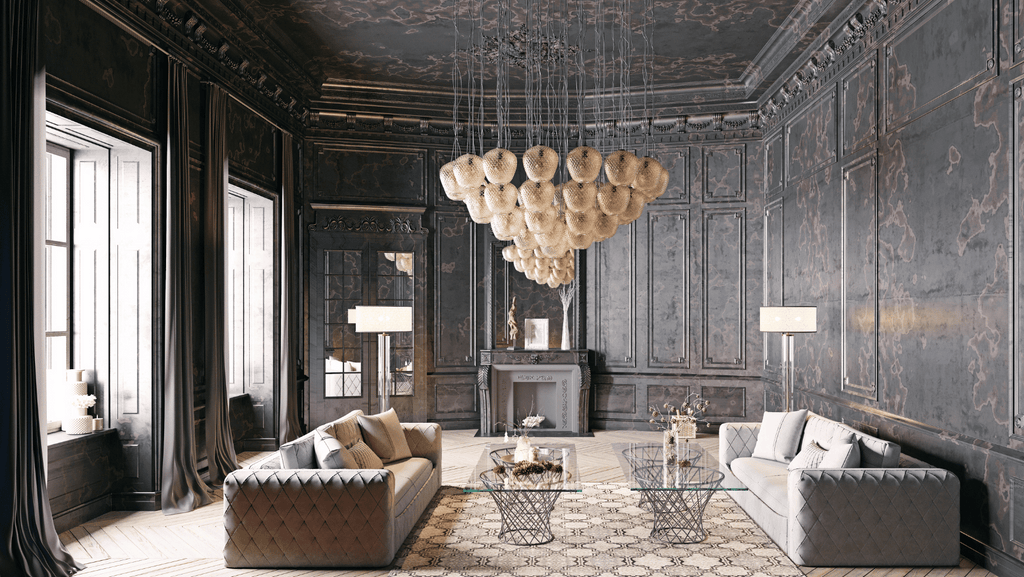 beautiful gray living room with drop chandelier