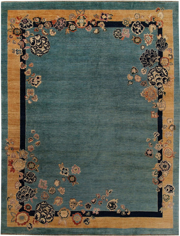 Vintage Floral Bordered Chinoiserie Blue Wool Hand Knotted Area Rug