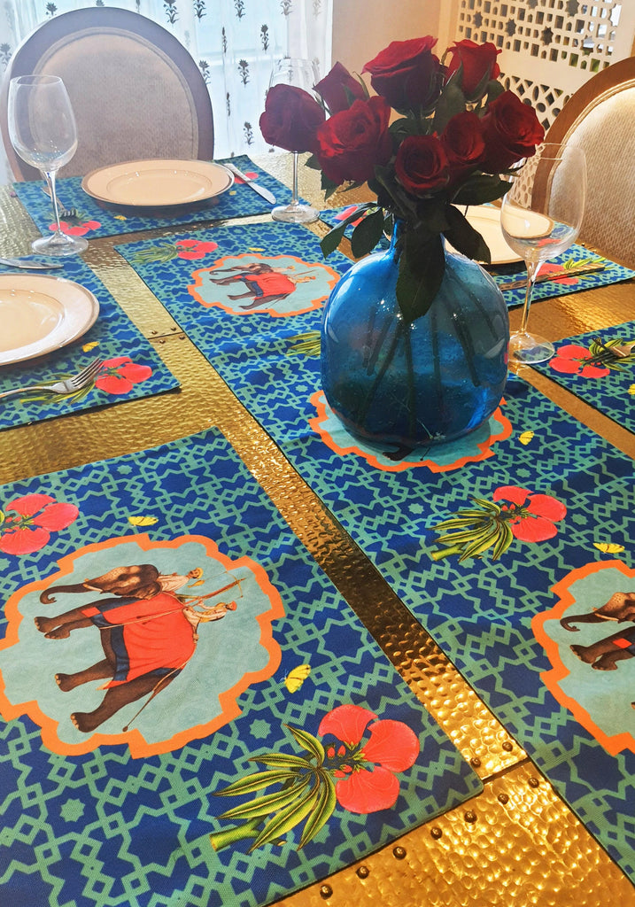 maia homes elephant summer blue kitchen decorative table runner place mat crafted made in india