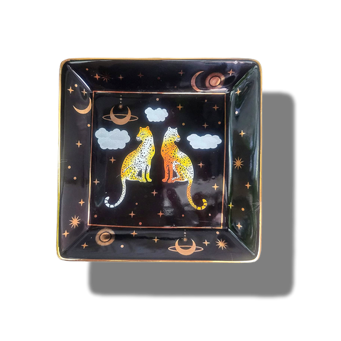 Gold Gilded Leopards in the Sky Square Porcelain Trinket Decorative Tray