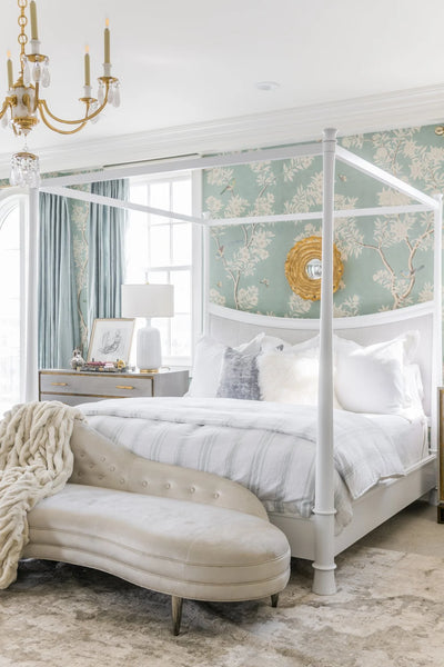 white and blue chinoiserie master bedroom