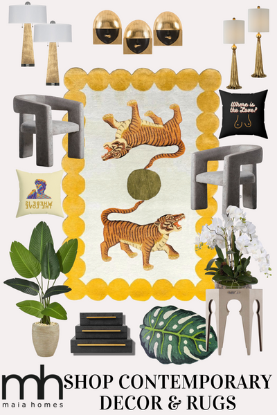 Asian Tigers and the Sun Hand on Yellow and Beige Tufted Wool Rug