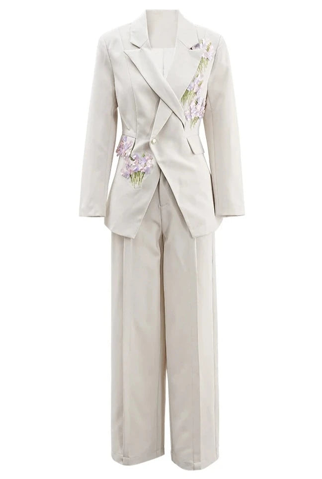 2 Pcs Set (Floral Blazer with High Waist Straight Pant)