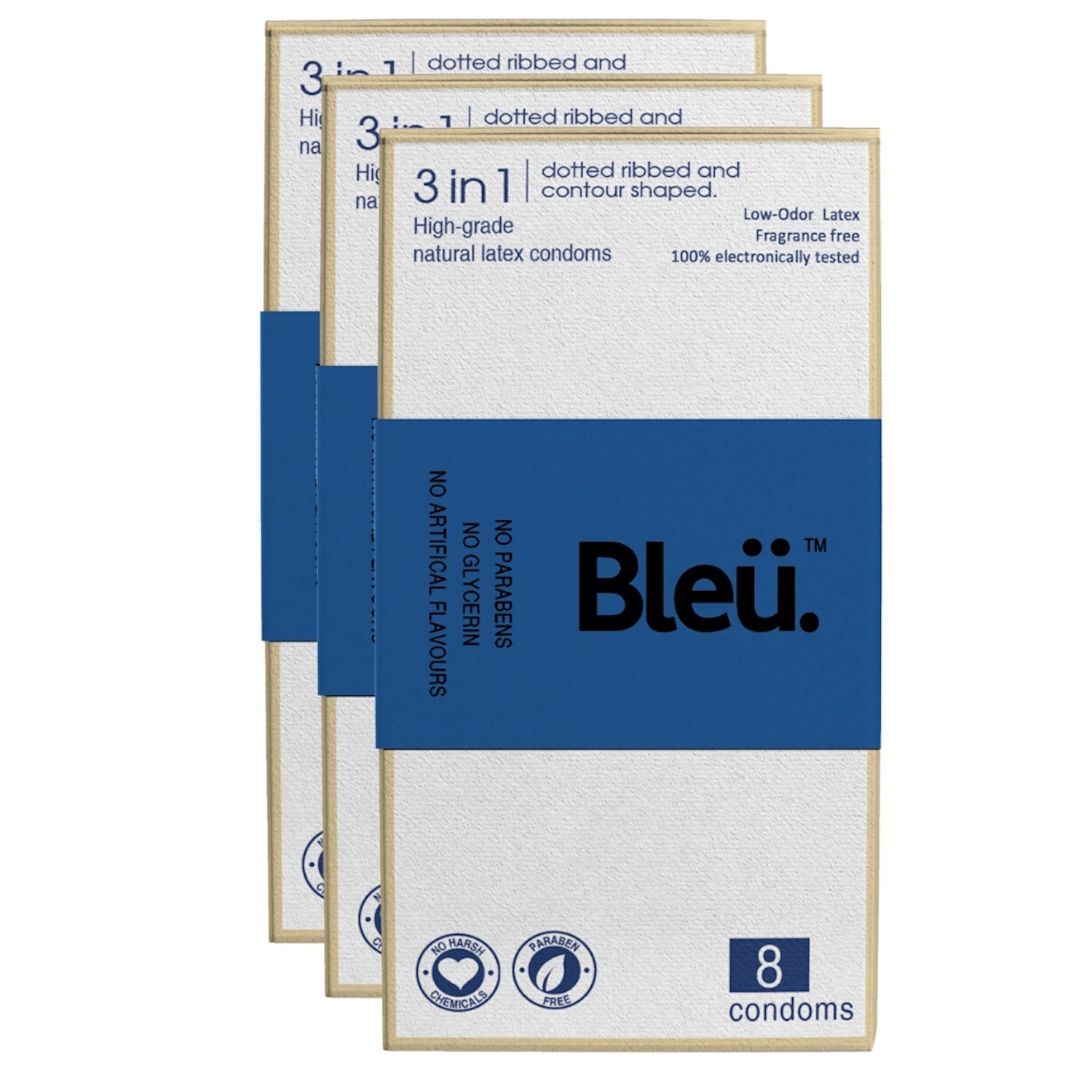 Bleu All Natural Premium Latex 3-In-1 Condoms - Ribbed and Dotted (8 Condom, Pack Of 3)