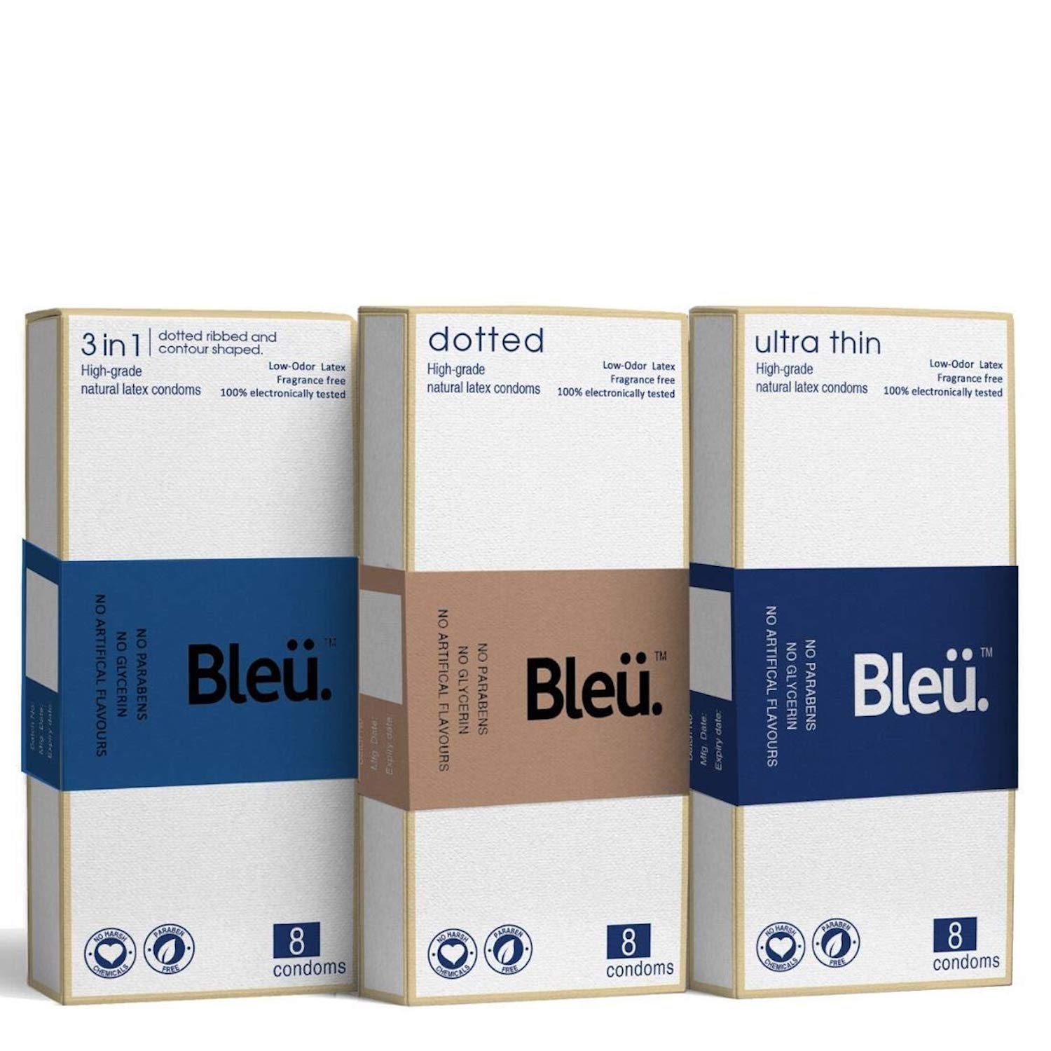 Bleu All Natural Latex Condoms Ultra Thin + Dotted + 3-In-1 Combo Condom (1 pack each)