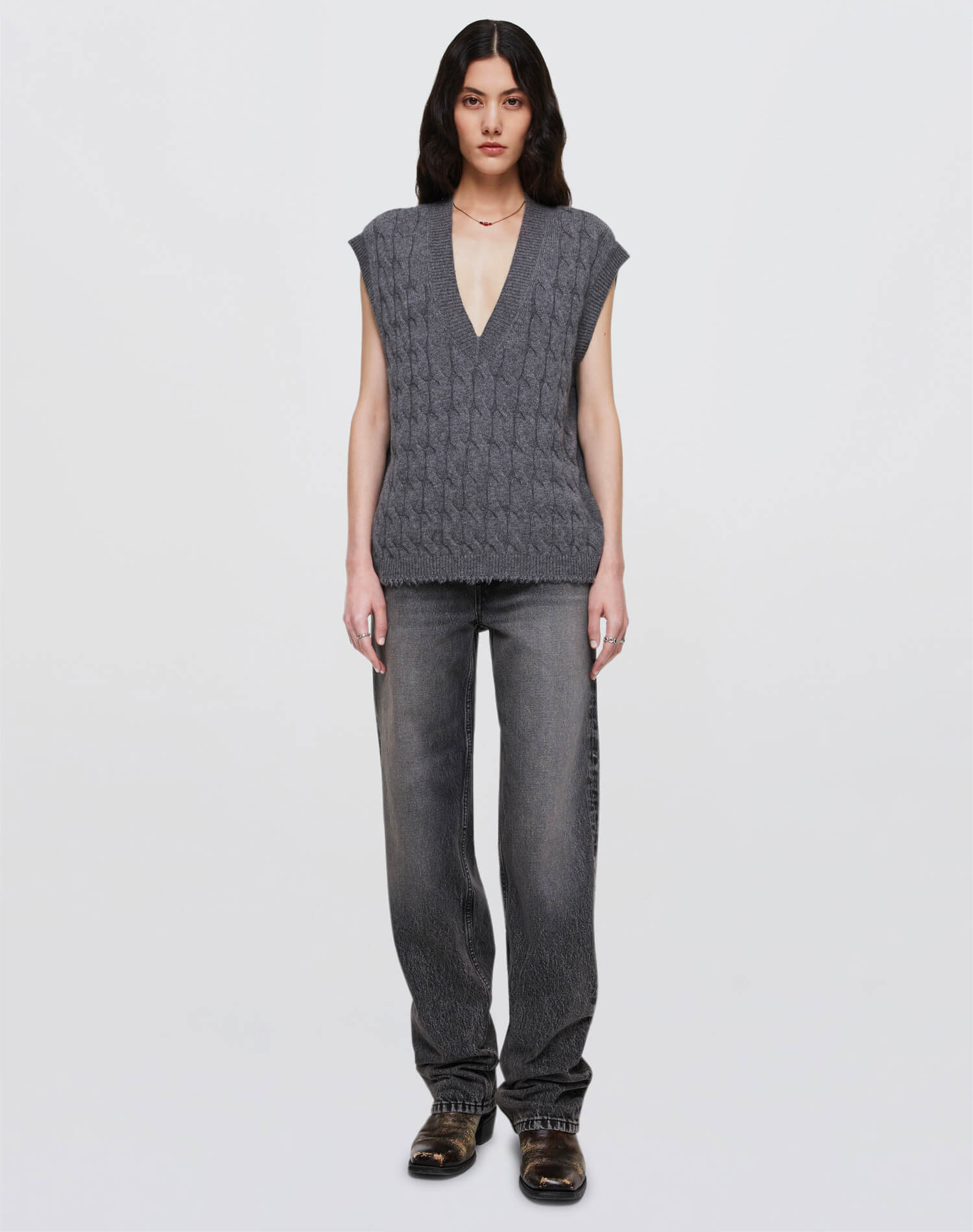 Cashmere Cable Vest - Grey Heather