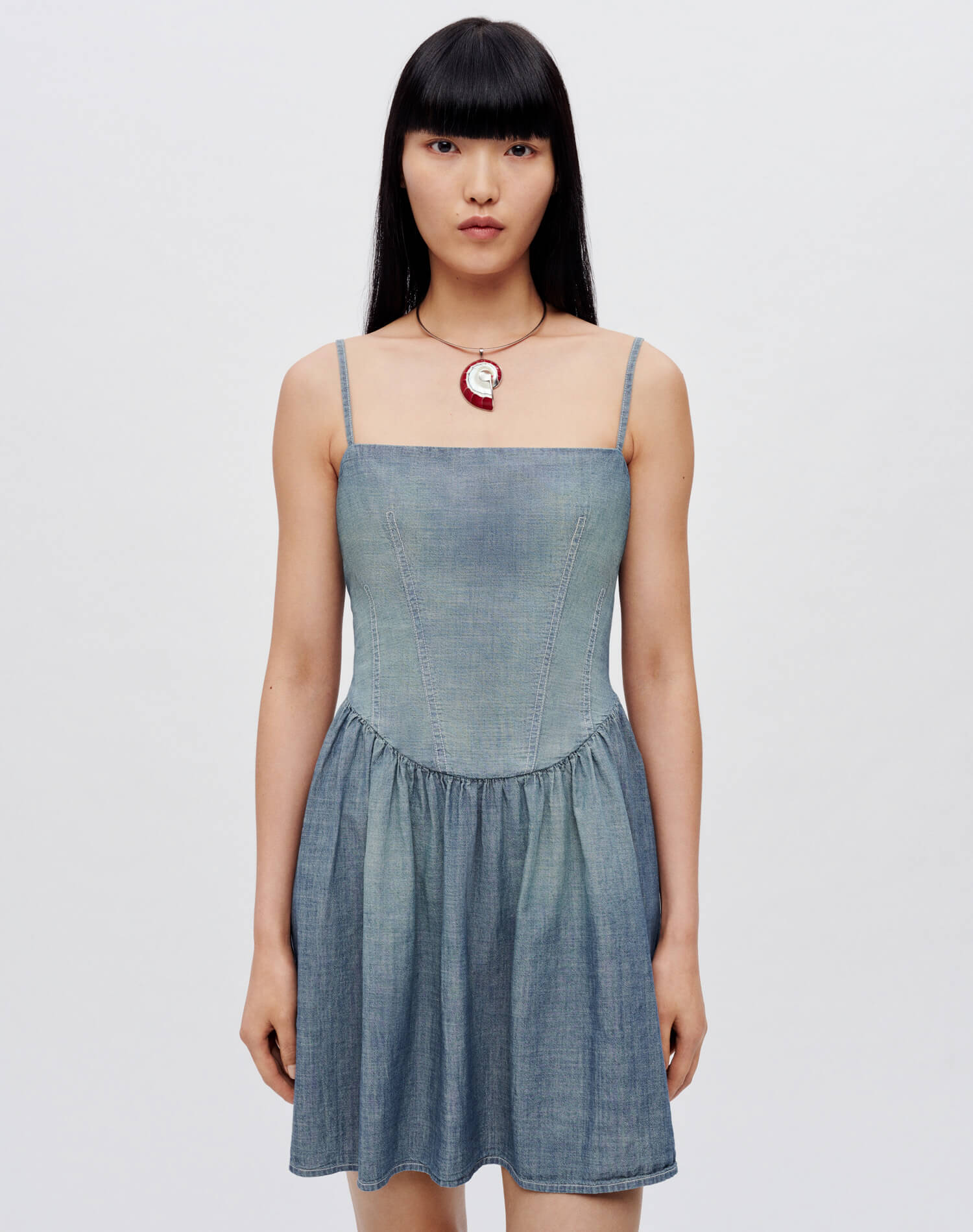 Shop Re/done Chambray Gathered Dress In Xs