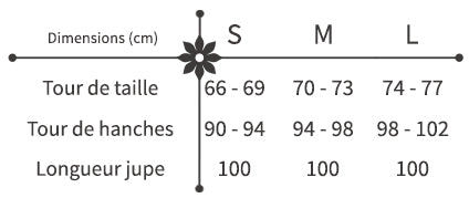 guide des tailles jupe longue ethnique et fleurie