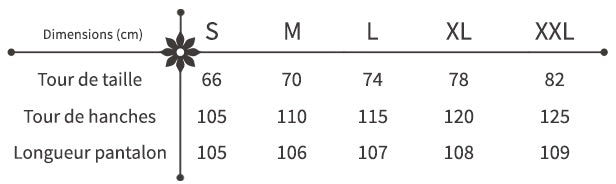 guide des tailles pantalon évasé à fleurs